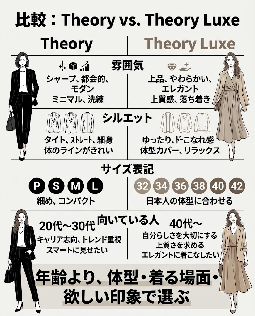 セオリーとセオリーリュクスを左右2列で比較する日本語インフォグラフィック