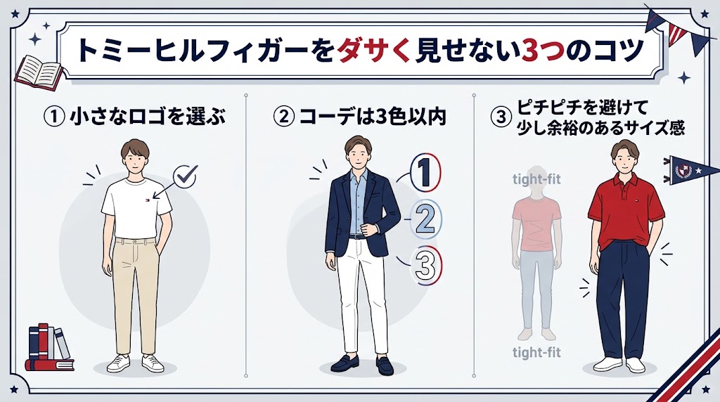 トミーヒルフィガーをダサく見せない3つのコツ」を解説する横長インフォグラフィック