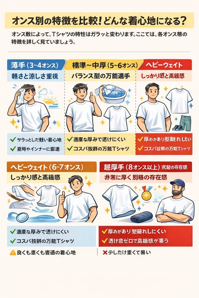 オンス別の特徴を比較！どんな着心地になる？