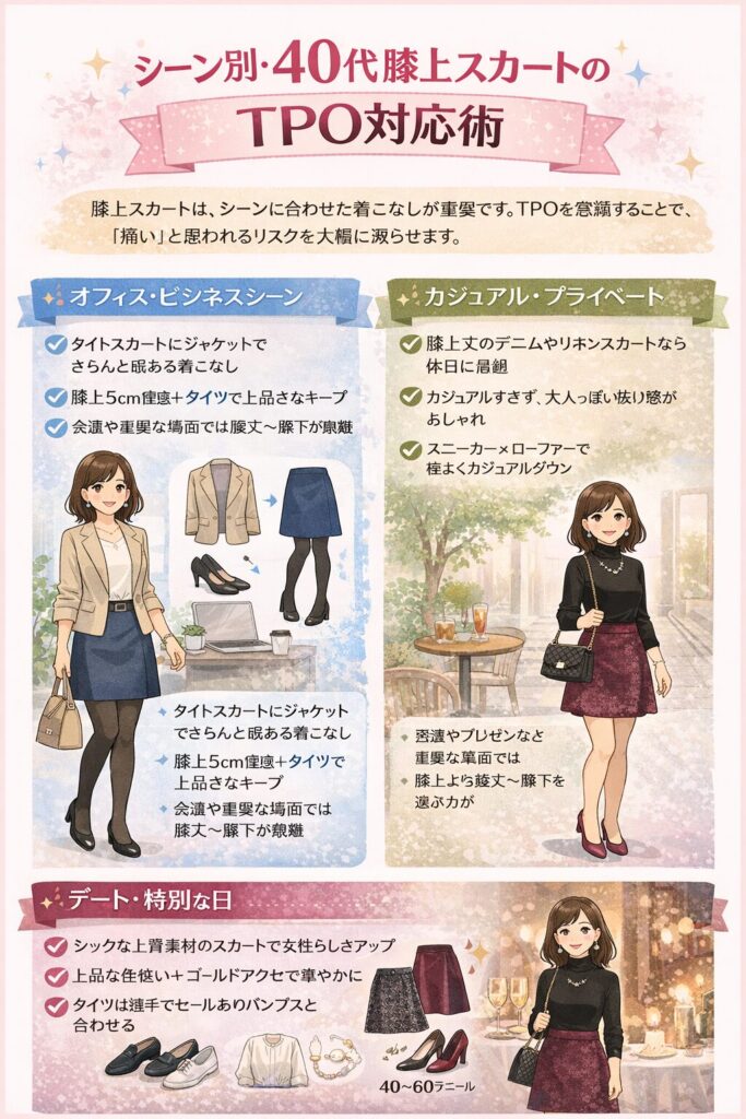 シーン別・40代膝上スカートのTPO対応術