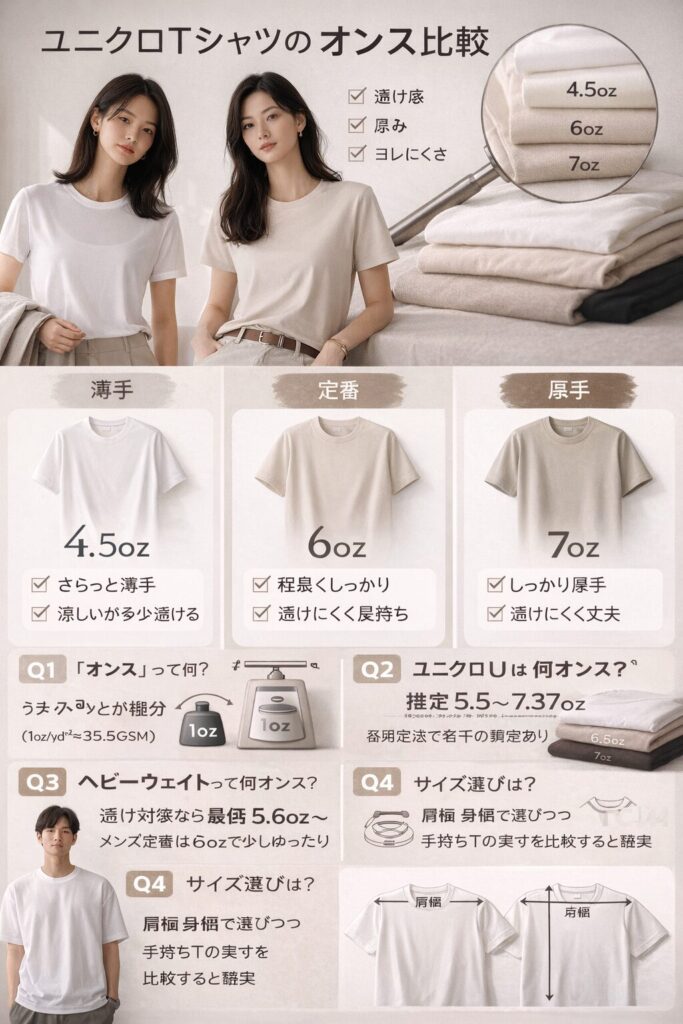 ユニクロTシャツのオンス比較