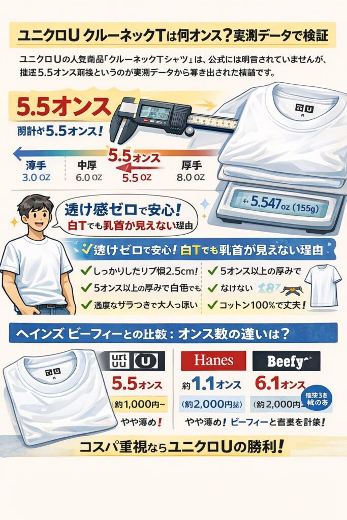 ユニクロU クルーネックTは何オンス？実測データで検証