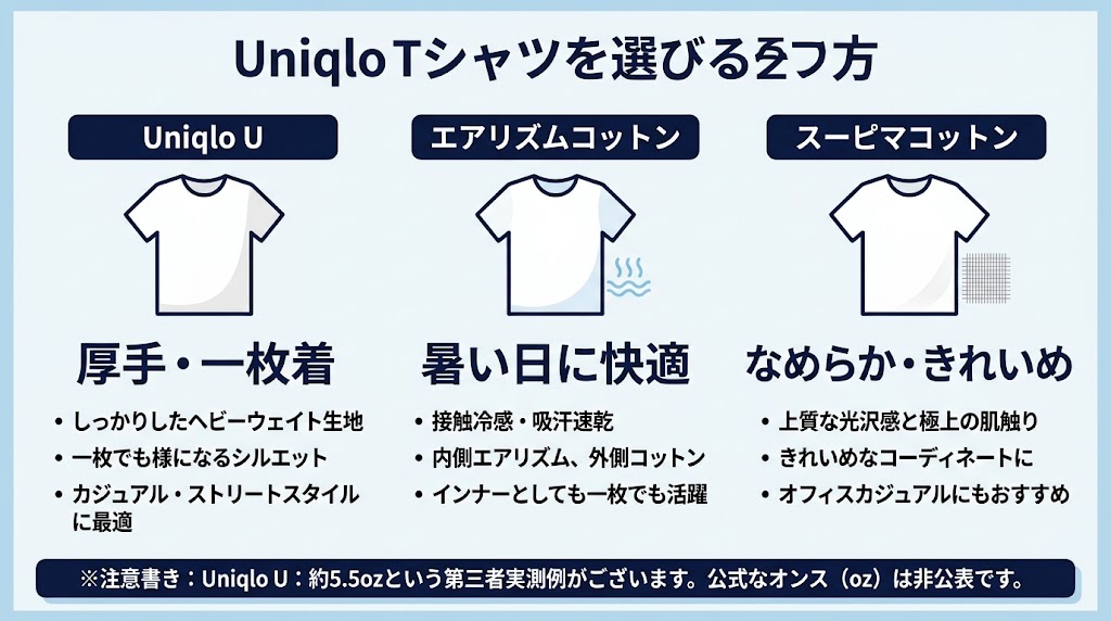 ユニクロのTシャツ選びを解説する横長インフォグラフィック
