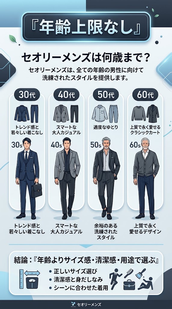 『セオリーメンズは何歳まで？』をテーマにした日本語インフォグラフィック
