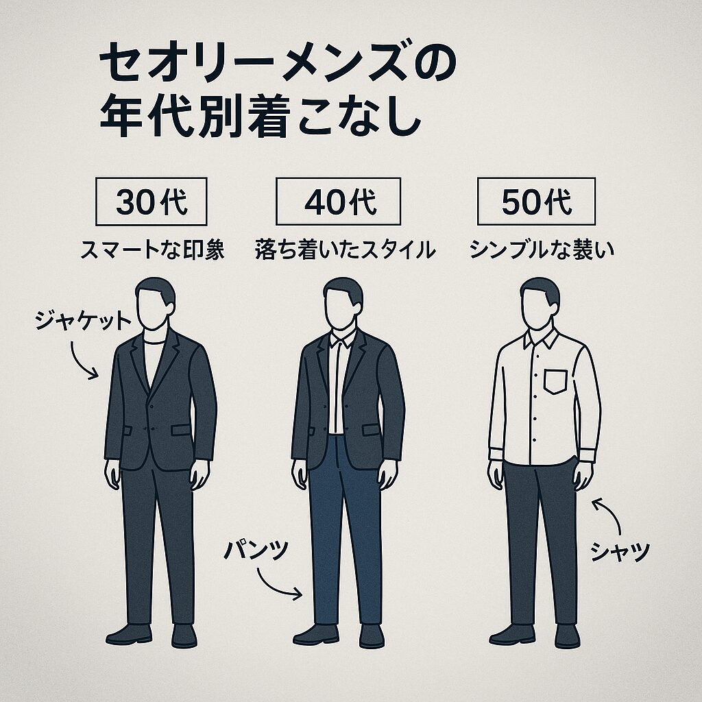 セオリーメンズの年代別着こなし方法を説明するイラスト図解