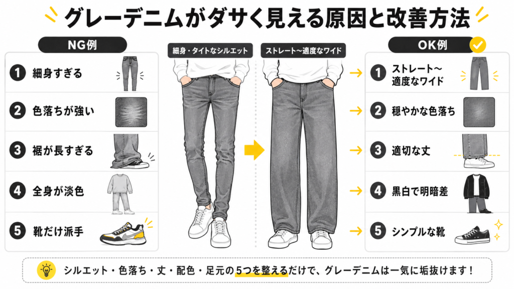 グレーデニムがダサく見える原因と改善方法