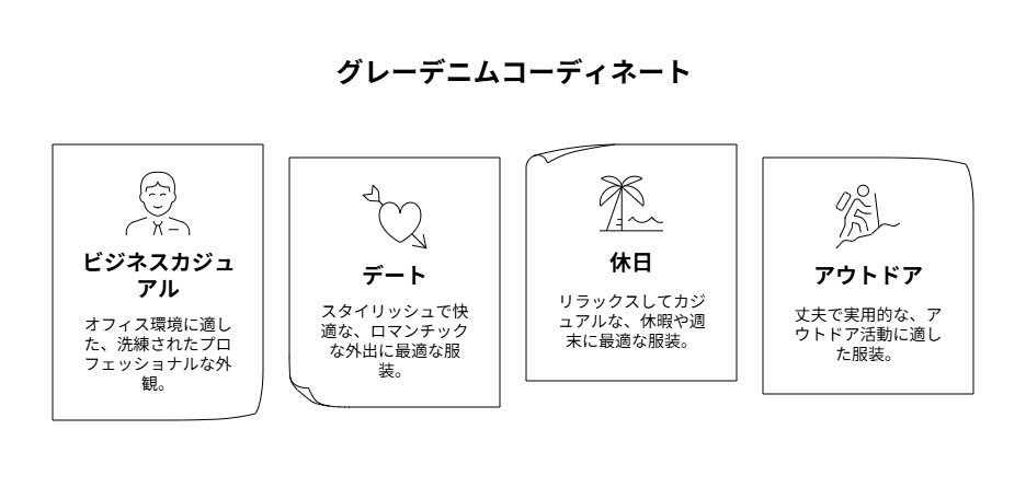 シーンに適したグレーデニムコーディネートを一覧表示