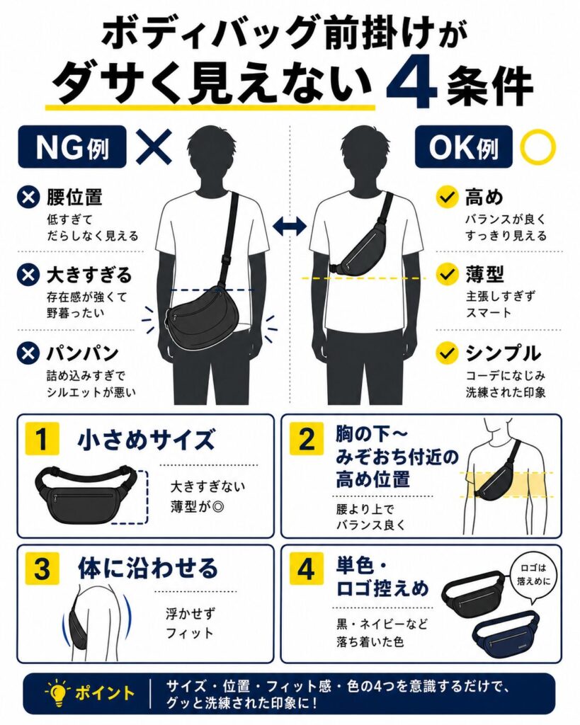 ボディバッグ前掛けがダサく見えない4条件