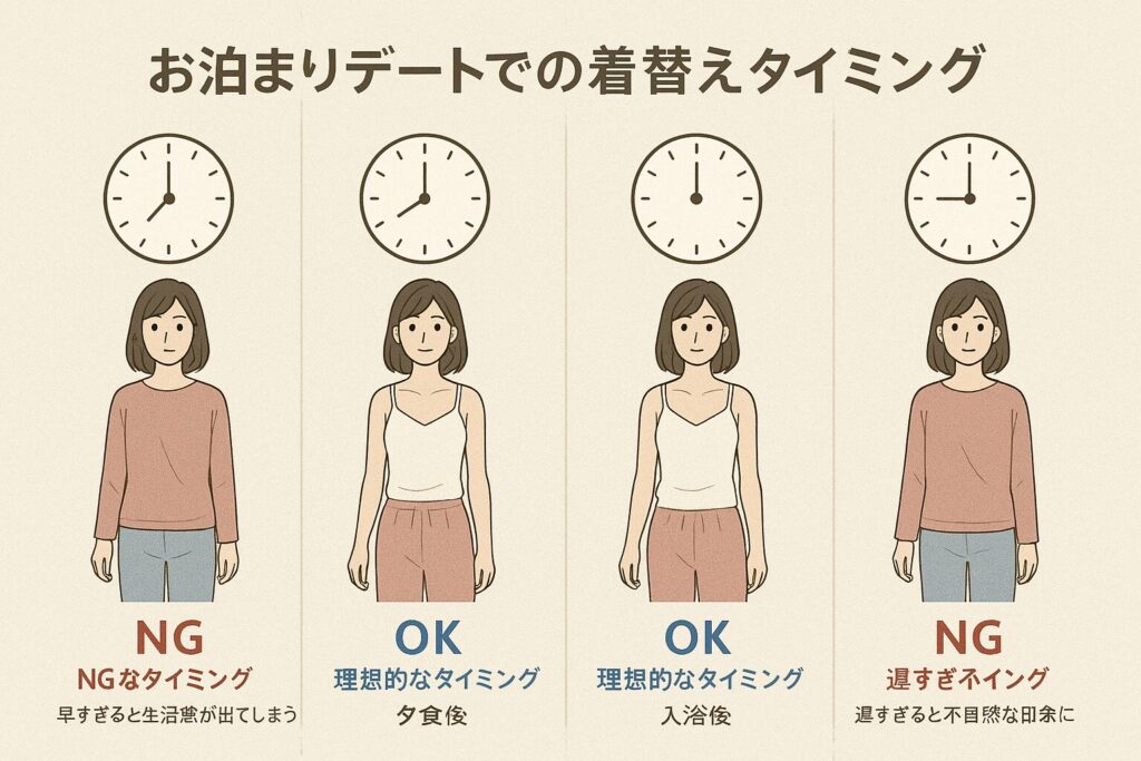 お泊まりの時、どのタイミングでルームウェアに着替えるべきですか？