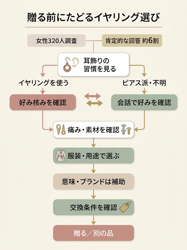 イヤリングを贈る前に何を確認するかを俯瞰できる、縦長の判断フローチャート型インフォグラフィック