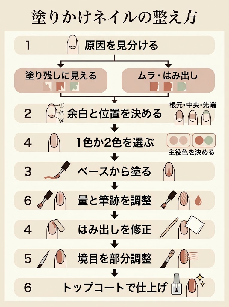 塗りかけネイルを整える判断と作業の流れを俯瞰できる、縦長のインフォグラフィック