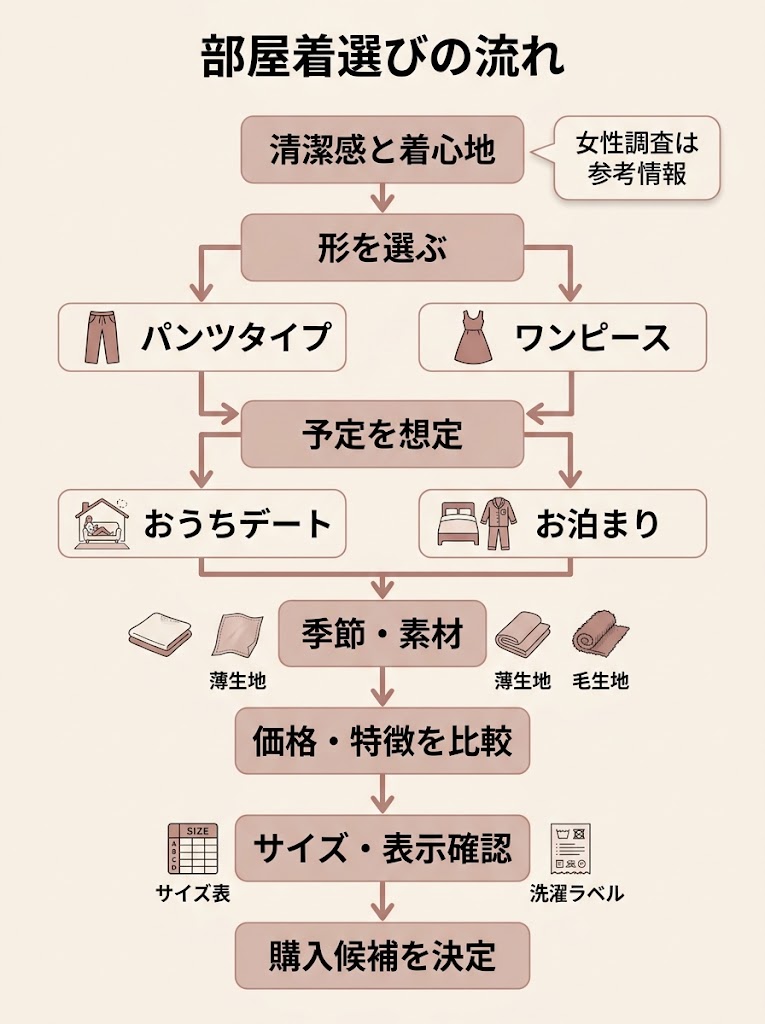 部屋着選びの判断から購入までを上から下へたどるフローチャートにする