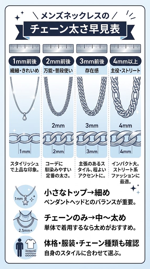 「メンズネックレスのチェーン太さ早見表」の日本語インフォグラフィック