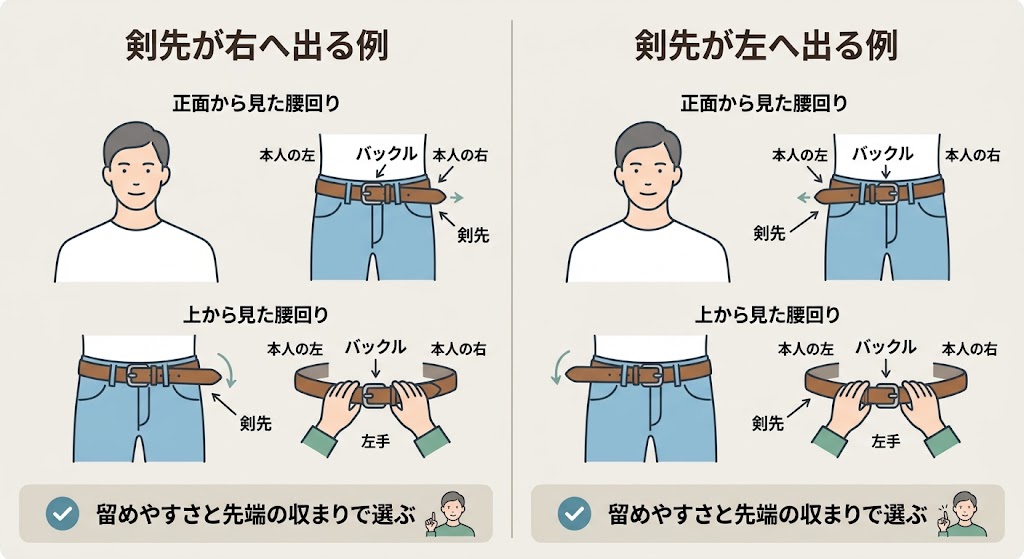 「本人の右・左」「バックル」「剣先」を明示