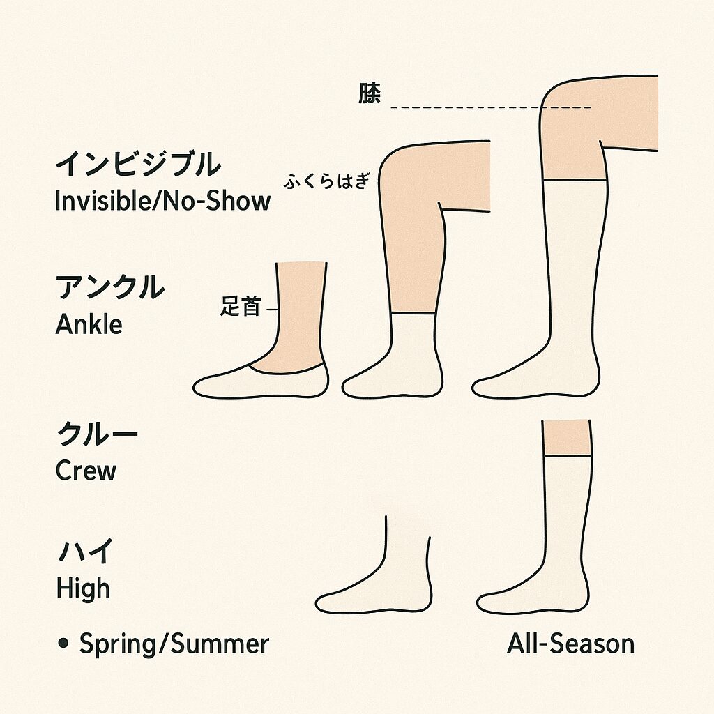 丈の選び方：インビジブル／アンクル／クルー／ハイ