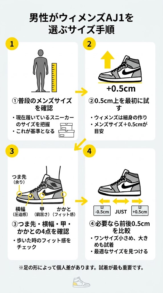 男性がウィメンズAJ1を選ぶサイズ手順
