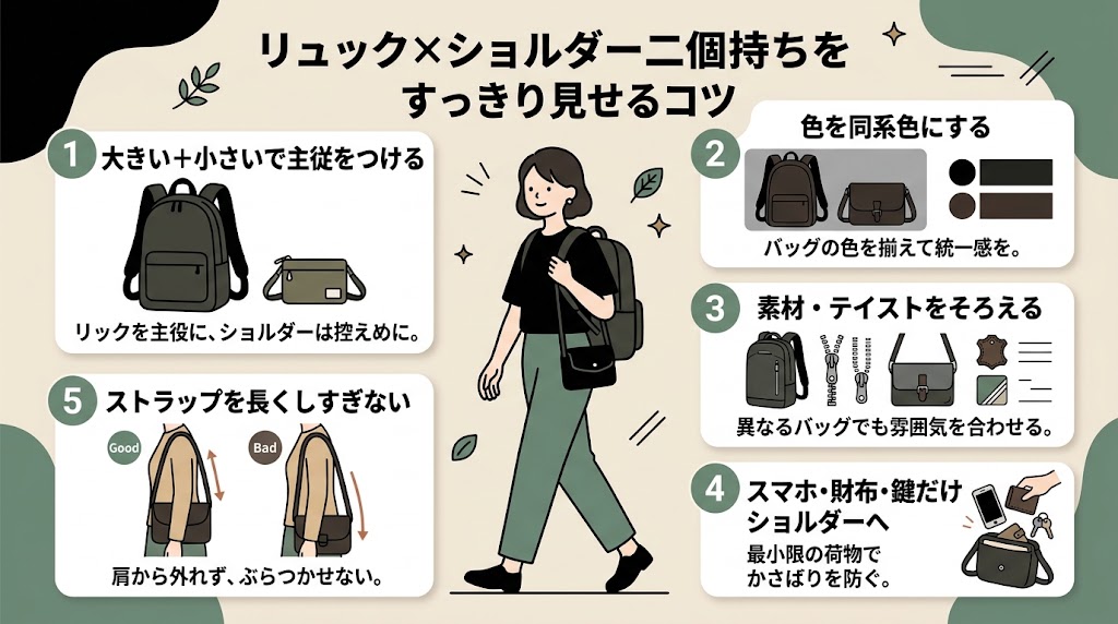 リュック×ショルダー二個持ちをすっきり見せるコツ