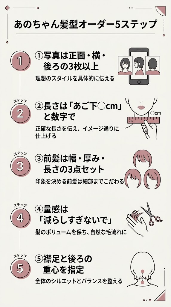 「あのちゃん髪型オーダーの5ステップ」を1枚にまとめた縦長のインフォグラフィック