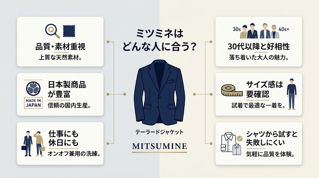 「ミツミネはどんな人に合う？」を説明する横長の日本語インフォグラフィック