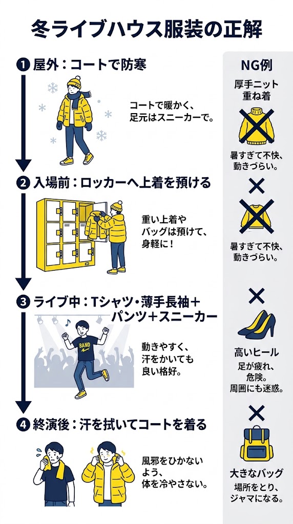 「冬ライブハウス服装の正解」をテーマにした日本語インフォグラフィック