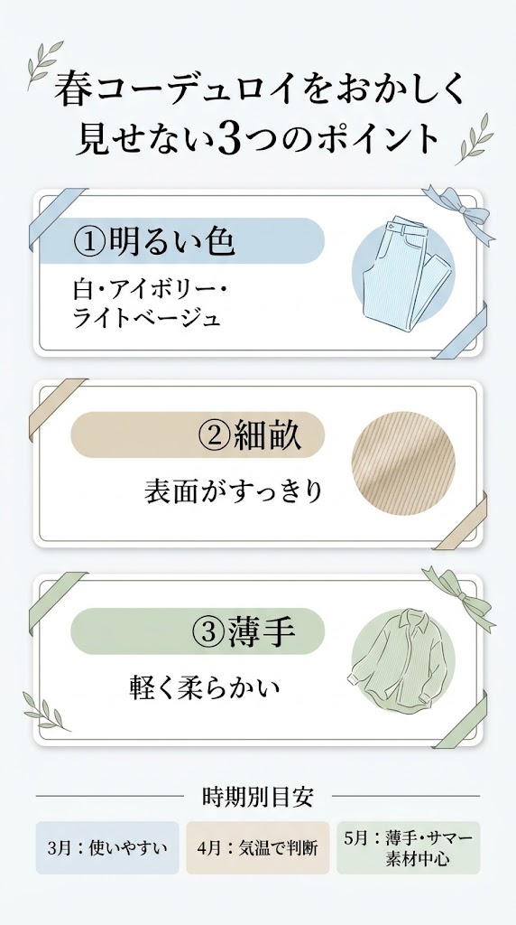 「春コーデュロイをおかしく見せない3つのポイント」を解説する日本語インフォグラフィック