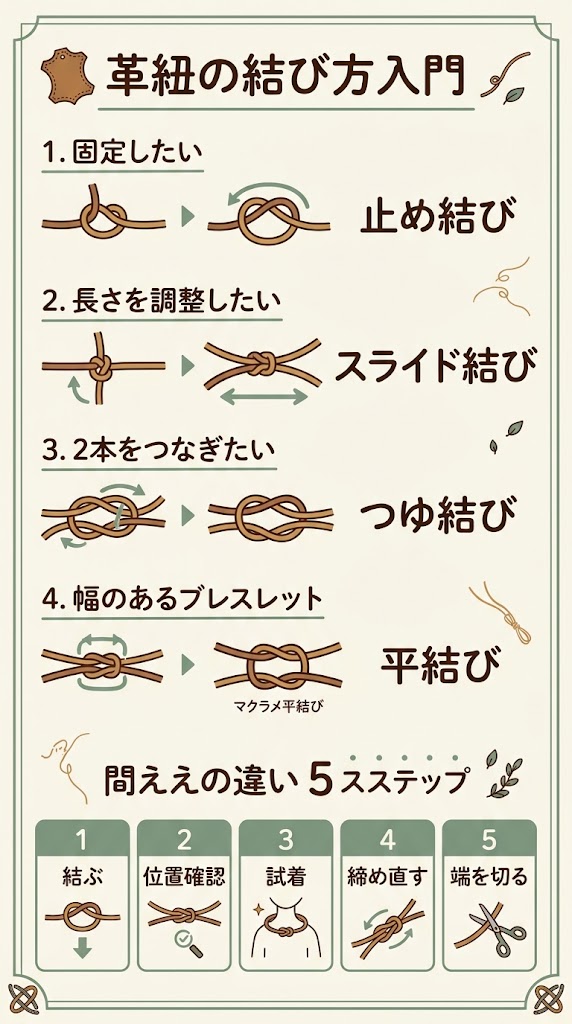 「革紐の結び方」を初心者向けに整理した縦長インフォグラフィック