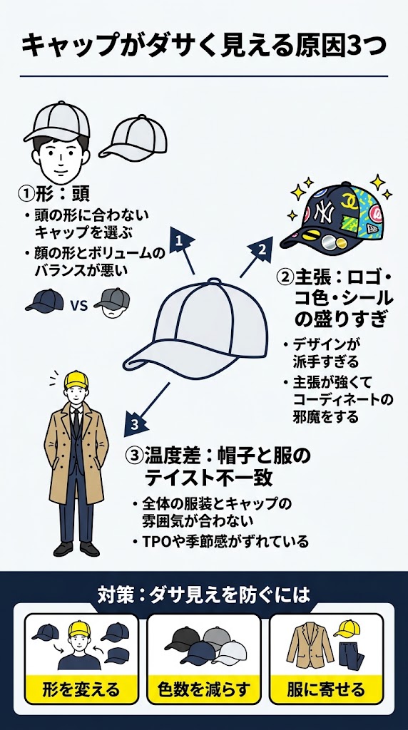 『キャップがダサく見える原因3つ』を説明する日本語インフォグラフィック