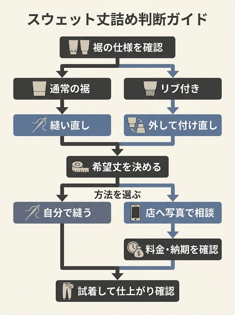 スウェット丈詰めの判断から仕上がり確認までを俯瞰できる、縦長の流れ図