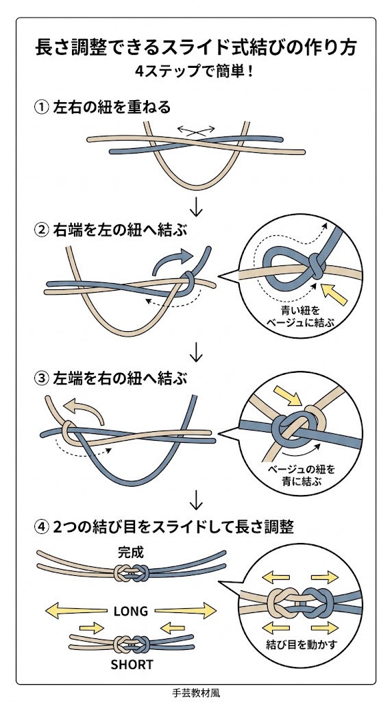 ネックレスの「長さ調整できるスライド式結び」を4段階で示す日本語インフォグラフィック