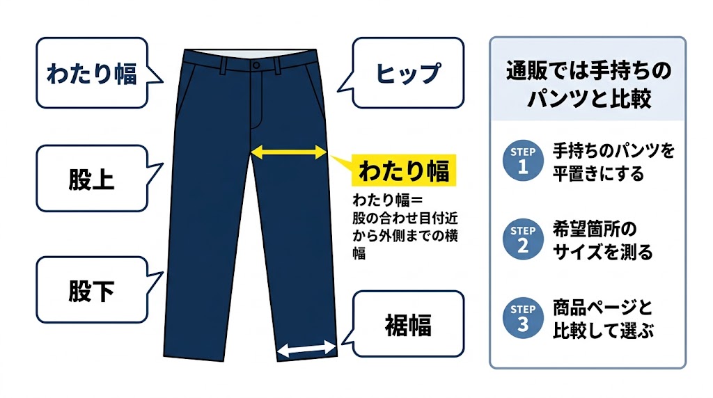 パンツを正面から平置きしたイラストを中央に配置
