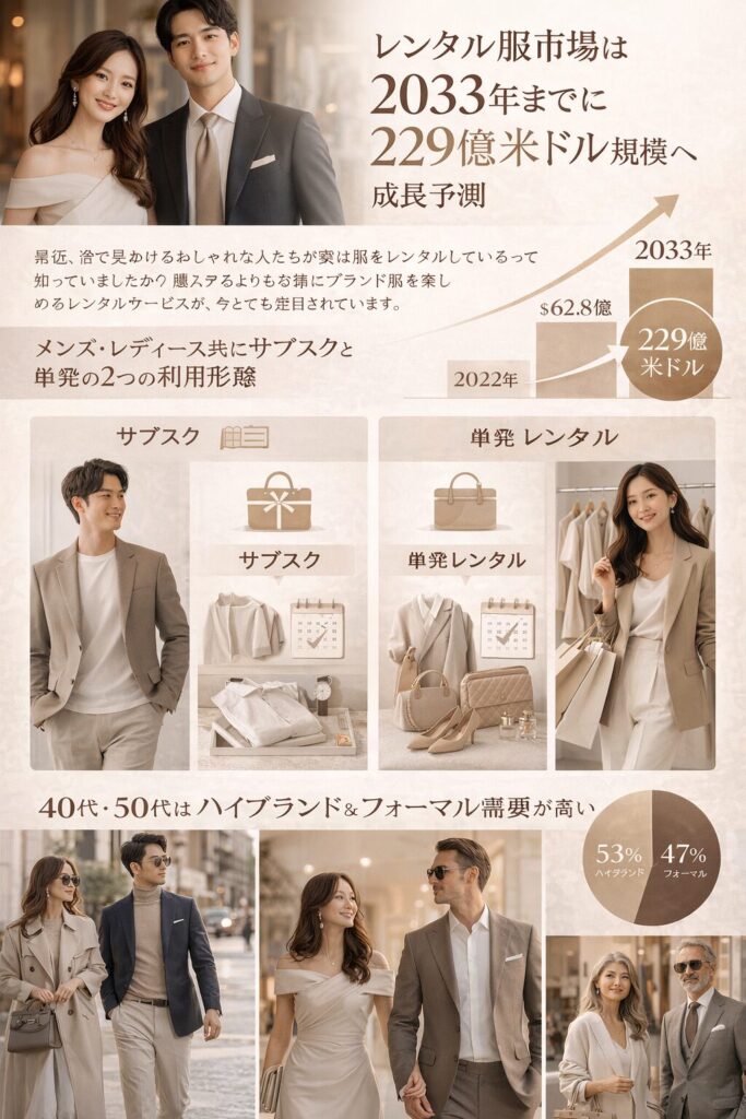 、メンズ・レディース別のおすすめサービスから、年代別の選び方、ハイブランドやフォーマル服のレンタル方法まで