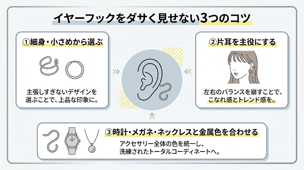 「イヤーフックをダサく見せない3つのコツ」を1枚で理解できる日本語インフォグラフィック