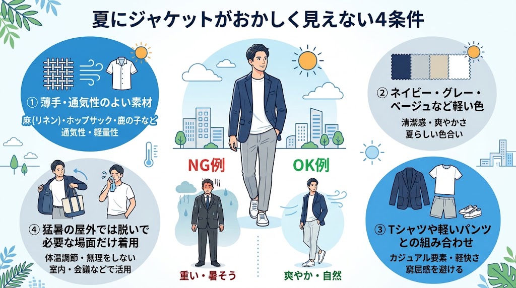「夏にジャケットがおかしく見えない4条件」を解説する横長インフォグラフィック