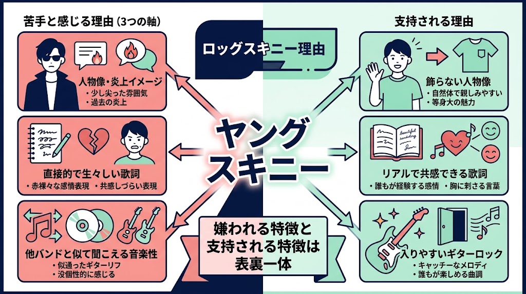 『ヤングスキニーが好き嫌いに分かれる理由』を整理する横長インフォグラフィック
