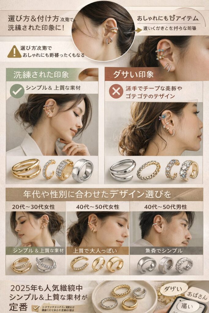 イヤーフックがダサいと言われる原因の大半は、デザイン選びや付け方の失敗にあります