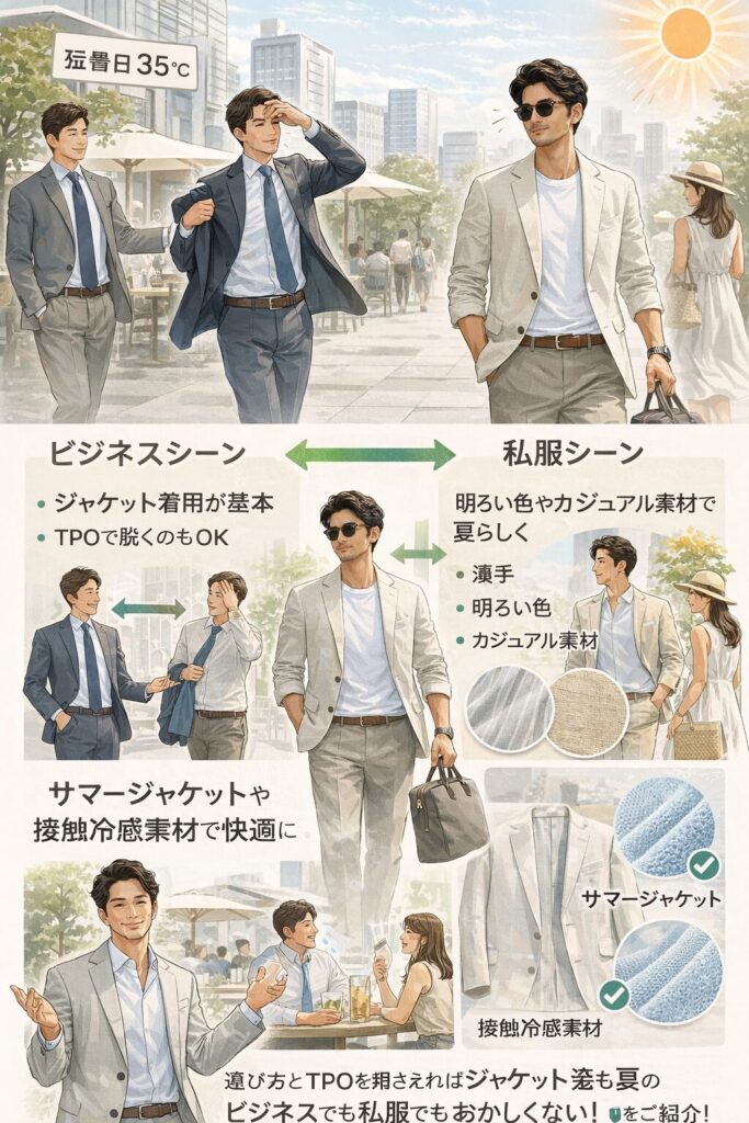 ビジネス・レディース・メンズ私服それぞれのシーンで、夏のジャケット着用が「おかしい」と思われないためのポイント