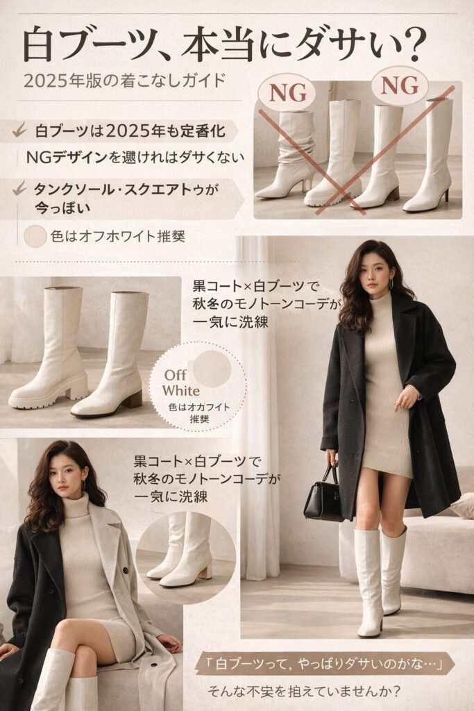 白ブーツがダサく見える理由から、2025年のトレンド、50代まで使えるおしゃれコーデまで