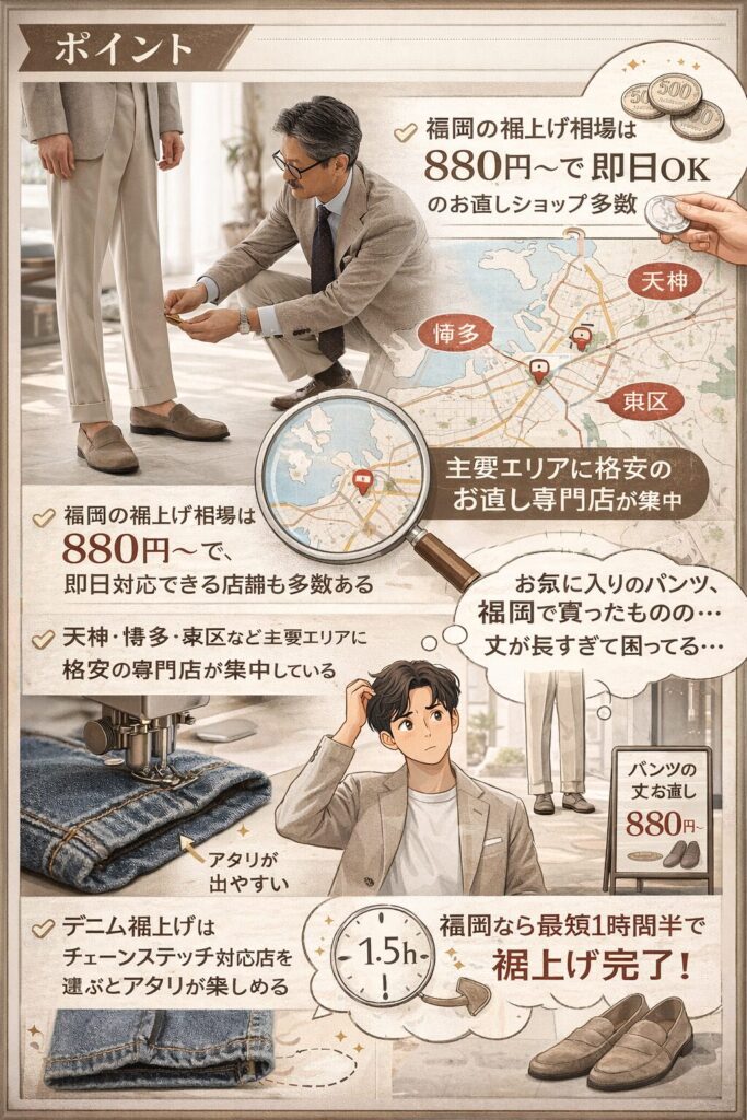 岡市内の裾上げ事情を徹底リサーチして、料金・仕上がり時間・エリア別のおすすめ店舗まで