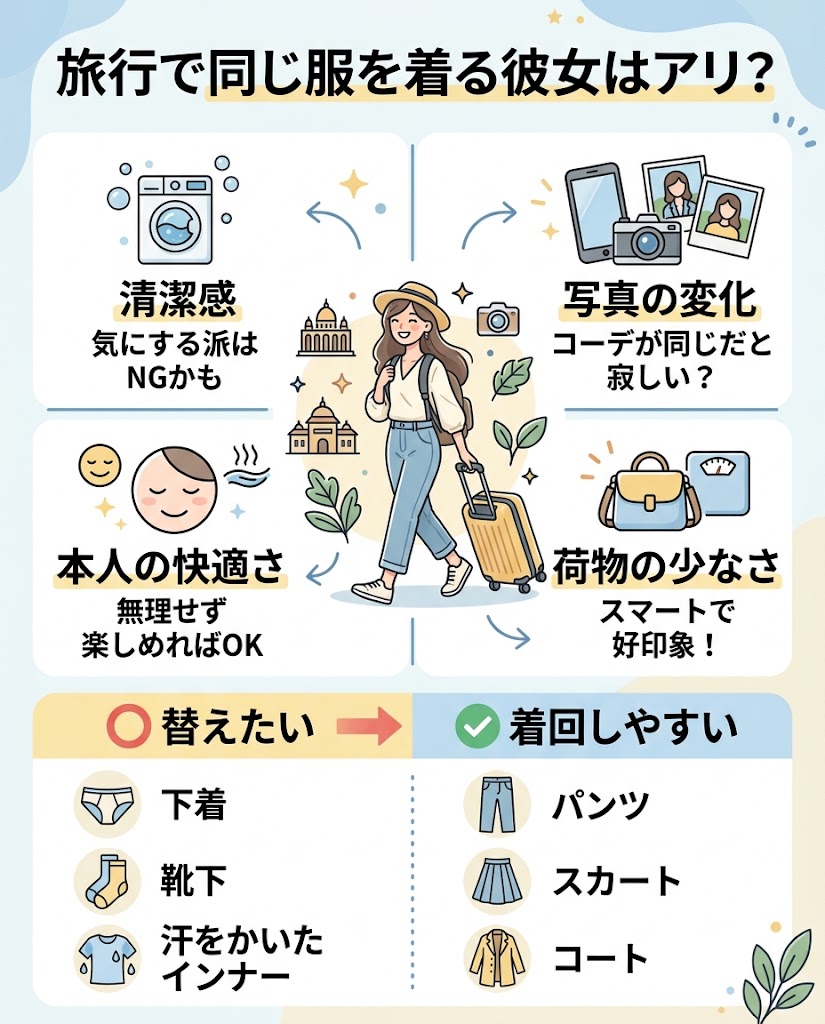 『旅行で同じ服を着る彼女はアリ？』をテーマにした日本語インフォグラフィック