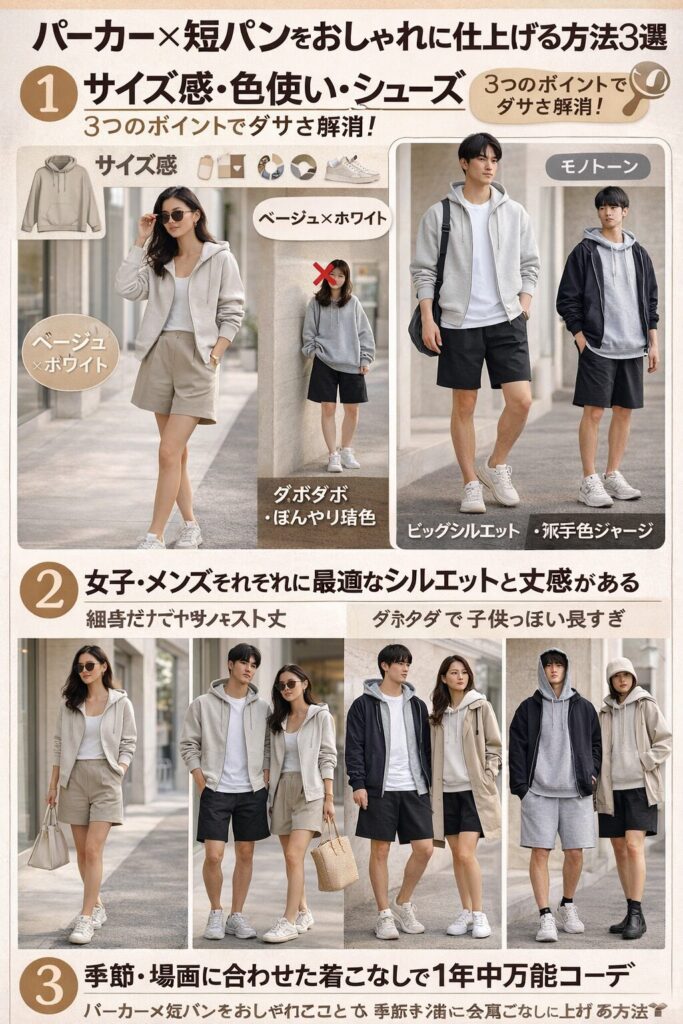 パーカーと短パンのアクセントコーデ