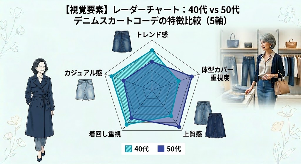 40代 vs 50代 デニムスカートコーデの特徴比較