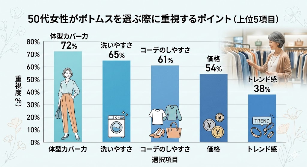50代女性がボトムスを選ぶ際に重視するポイント