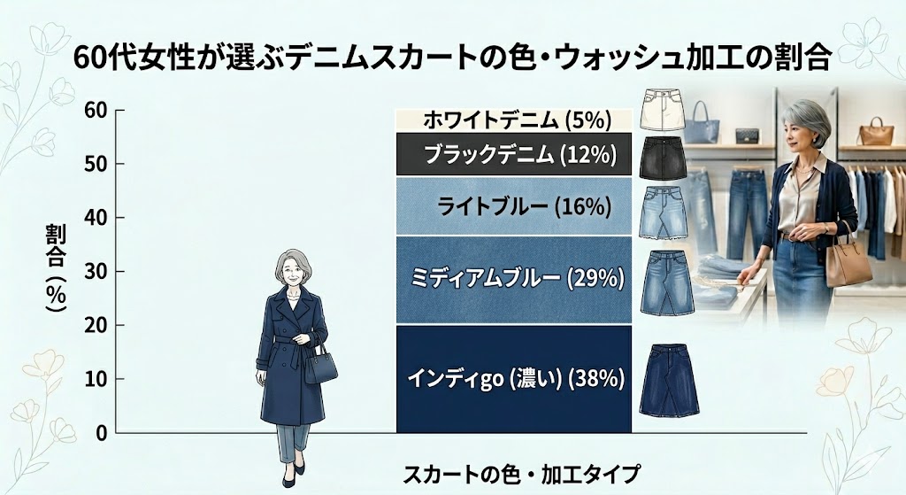60代女性が選ぶデニムスカートの色・ウォッシュ加工の割合