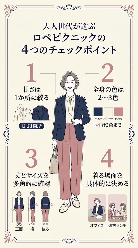 「ロペピクニックを大人世代が選ぶ4つのチェックポイント」を説明する縦型インフォグラフィック