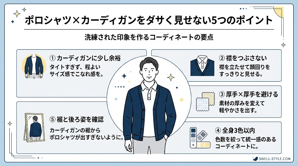 『ポロシャツ×カーディガンをダサく見せない5つのポイント』を説明する日本語インフォグラフィック