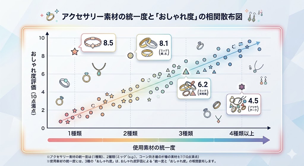 アクセサリー素材の統一度と「おしゃれ度」の相関散布図