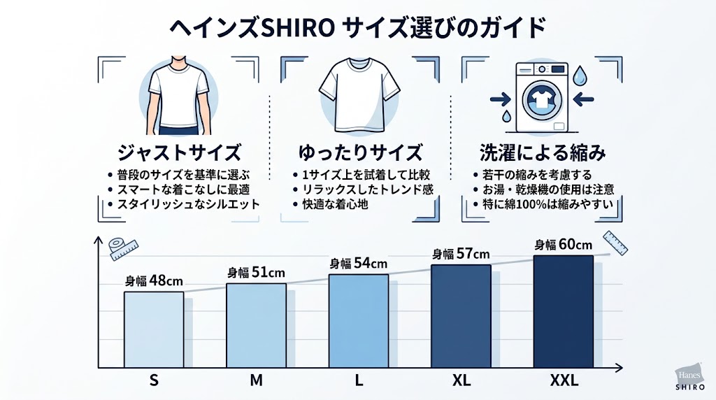 ヘインズSHIROのサイズ選びを説明する横長インフォグラフィック