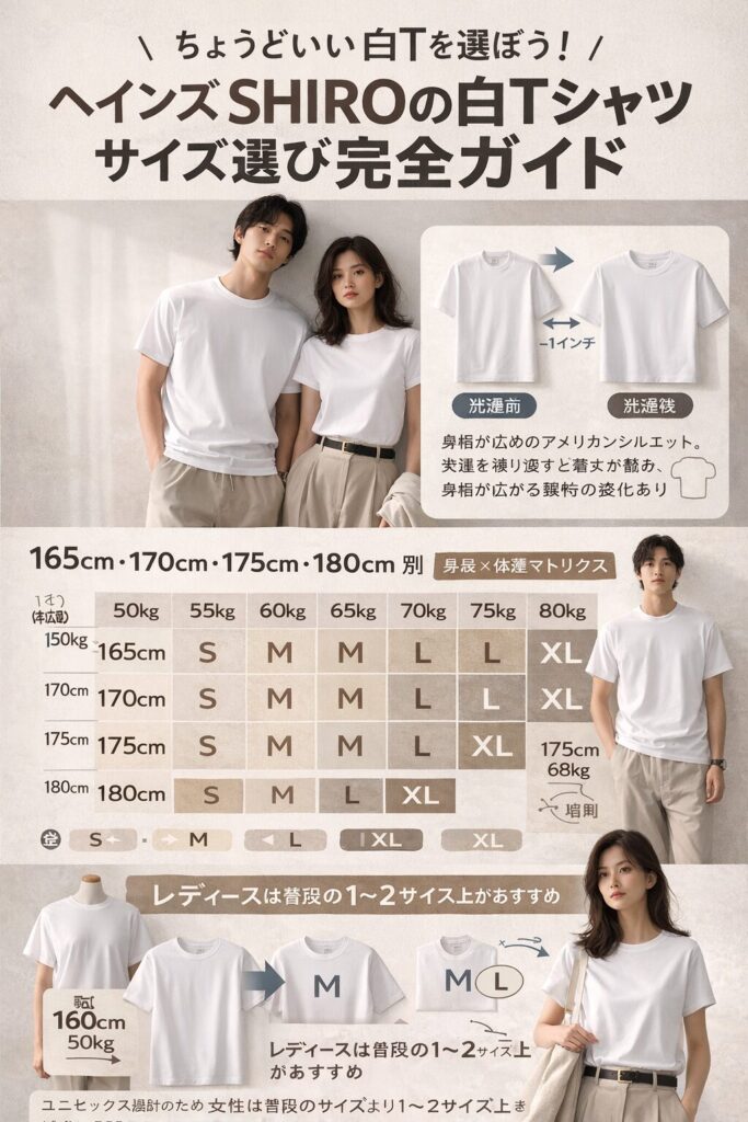 ヘインズSHIRO白Tシャツサイズガイド