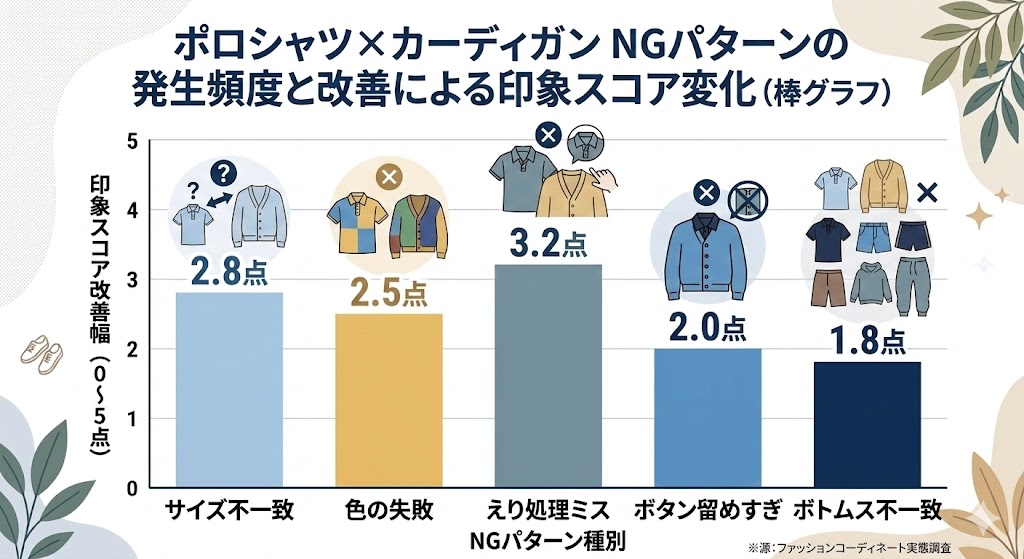 ポロシャツ×カーディガン NGパターン発生頻度と改善による印象スコア変化