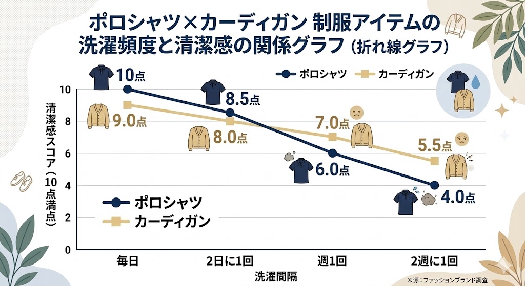 ポロシャツ×カーディガン 制服アイテムの洗濯頻度と清潔感の関係グラフ